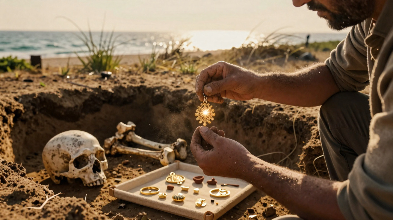 Homem segurando colar dourado escavando túmulo com ossos e artefatos antigos na praia ao entardecer.