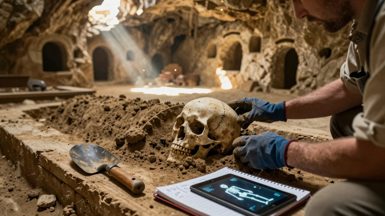 Arqueólogo escavando crânio humano em sítio arqueológico dentro de caverna com tablet e pá ao lado.