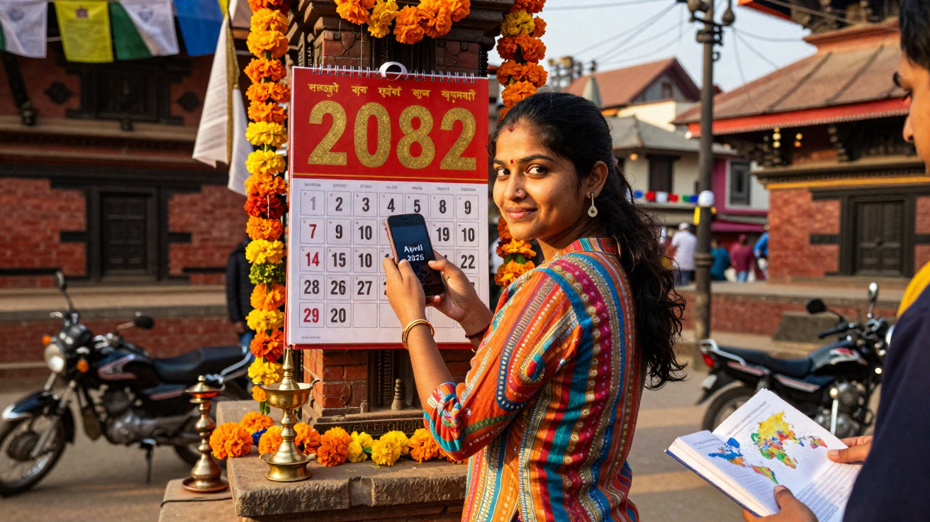 Mulher sorridente ajusta calendário de 2082 decorado com flores em espaço público, ao lado de outra pessoa com livro aberto.