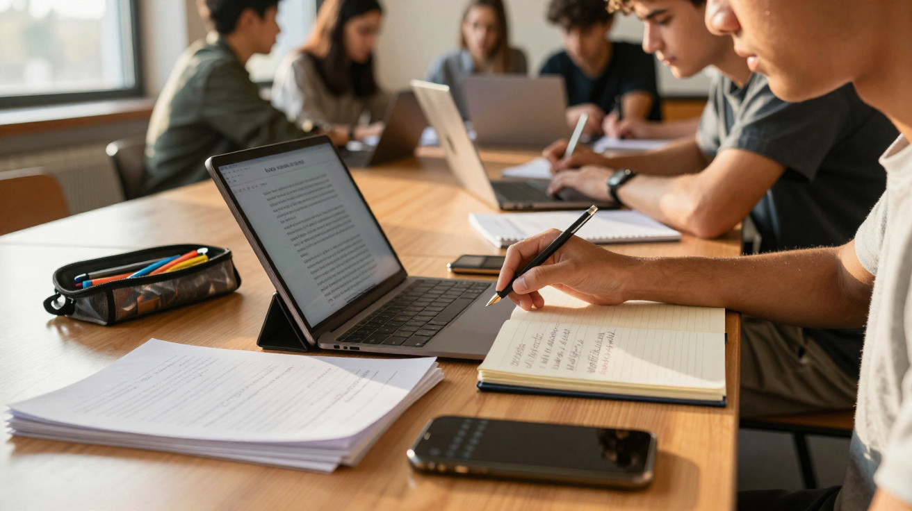 Jovens estudando em grupo usando laptops, cadernos e celulares em uma mesa de madeira em ambiente iluminado.