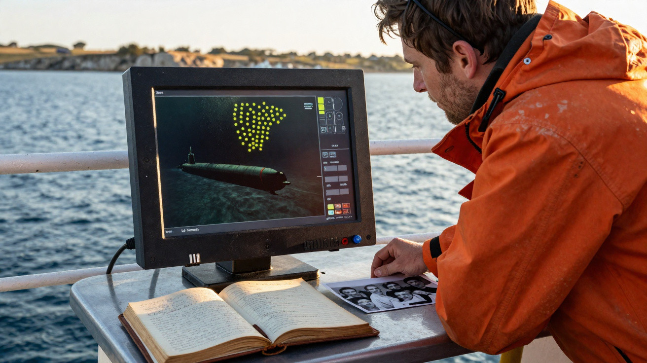 Homem com jaqueta laranja observa monitor com imagem de submarino, livro aberto e foto em mesa no barco.