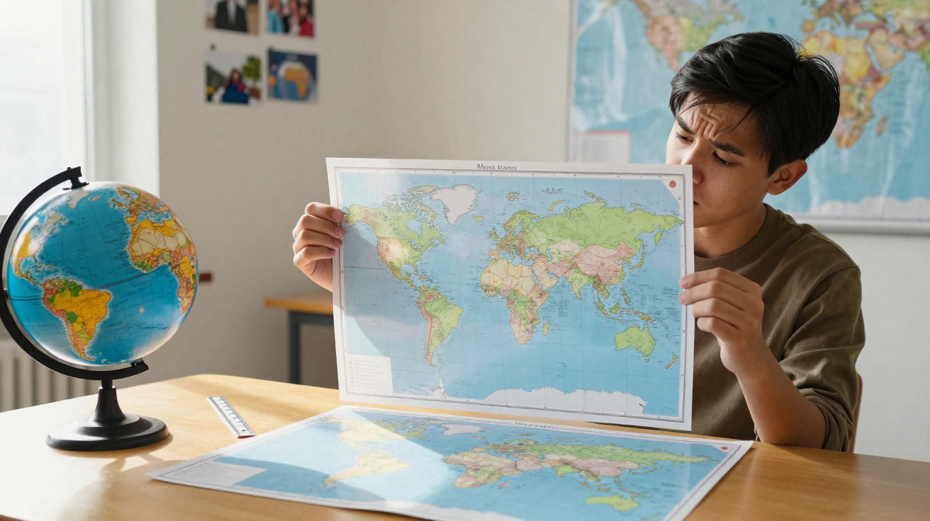 Jovem estudando mapas mundiais em papel enquanto está sentado à mesa com globo terrestre ao lado.