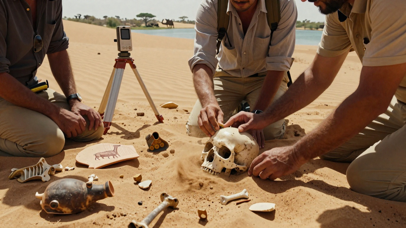 Arqueólogos escavando e examinando crânio humano e fragmentos antigos na areia do deserto.