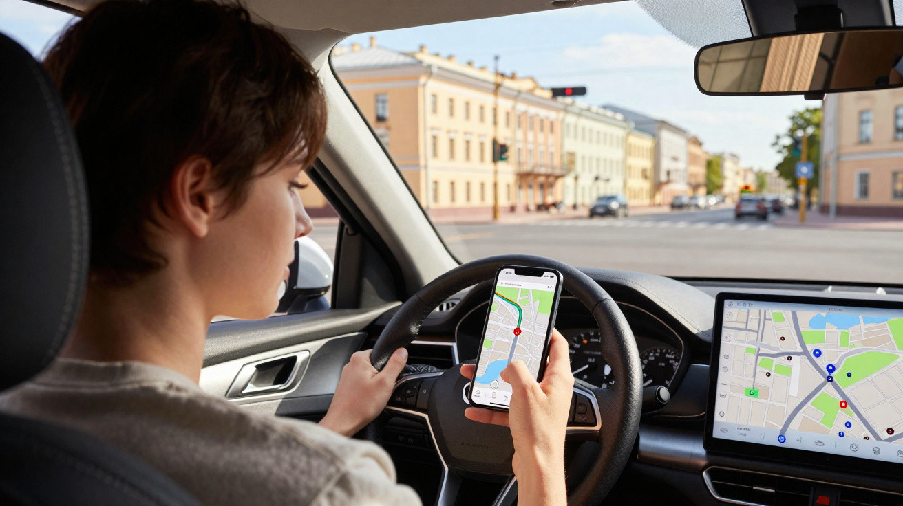 Pessoa utilizando aplicativo de navegação no celular enquanto está no volante de um carro parado no trânsito.