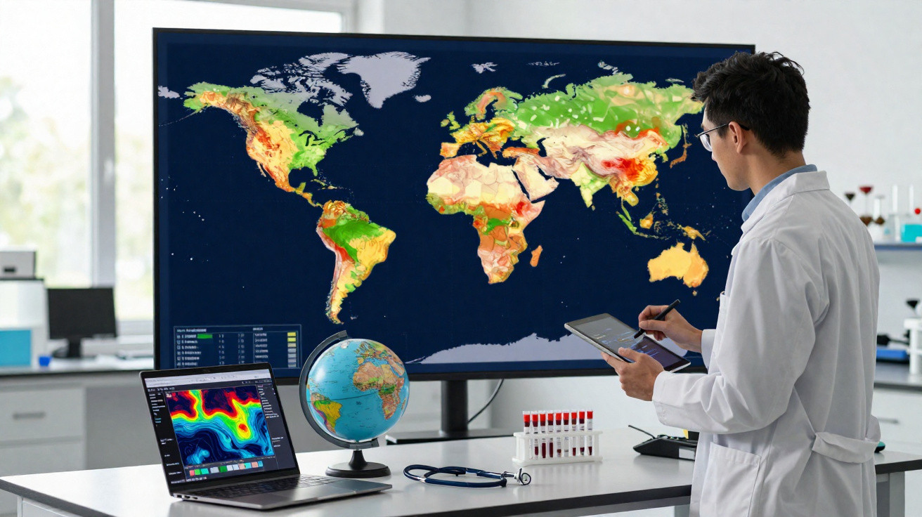 Cientista analisa dados climáticos em laboratório com mapa mundial, globo terrestre e laptop na mesa.