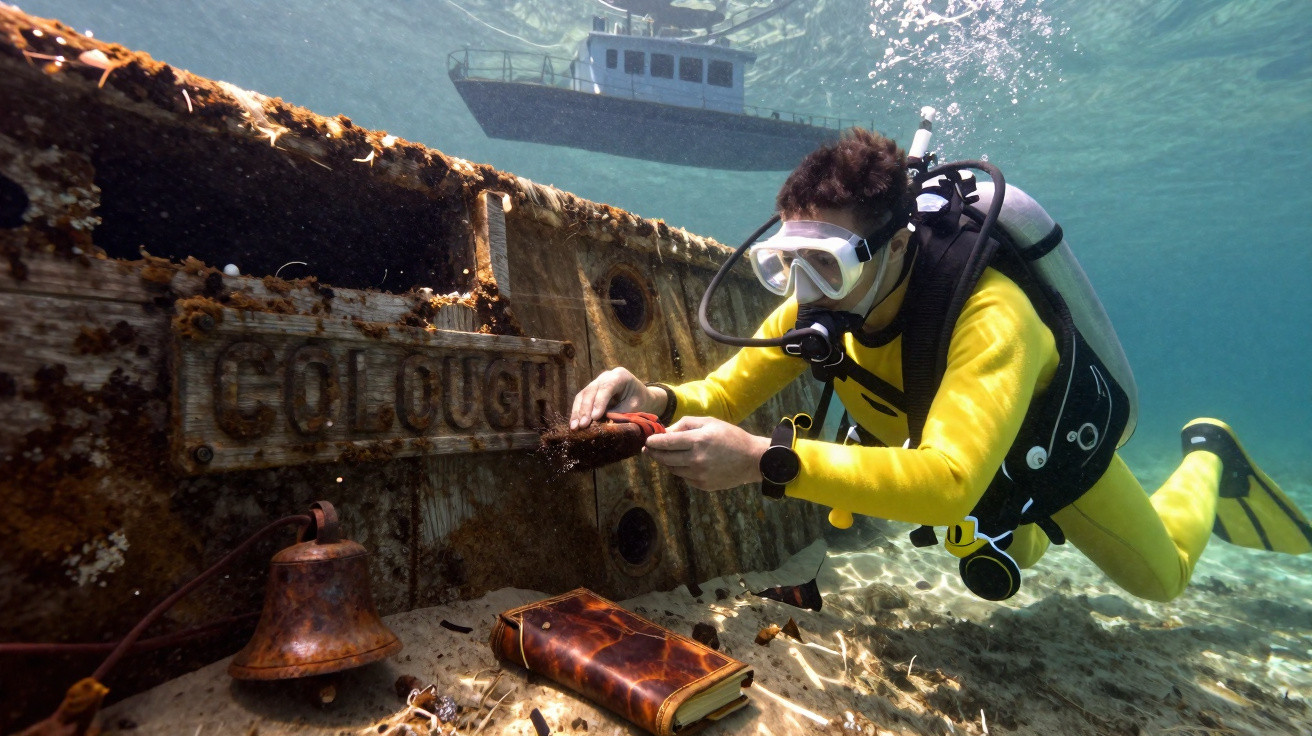 Mergulhador inspeciona objetos em naufrágio subaquático com barco na superfície acima.