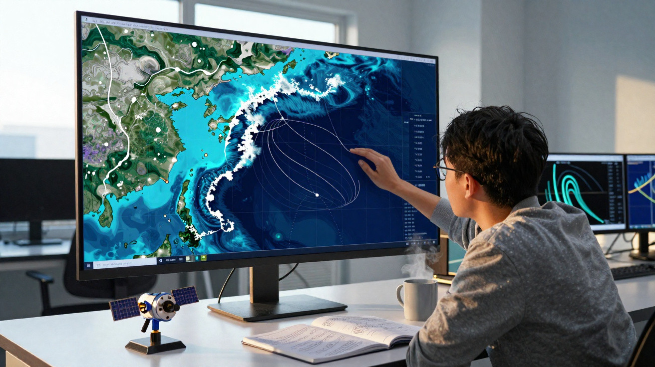Pessoa analisando gráficos meteorológicos em um computador com mapa oceânico e trajetórias de tempestade.