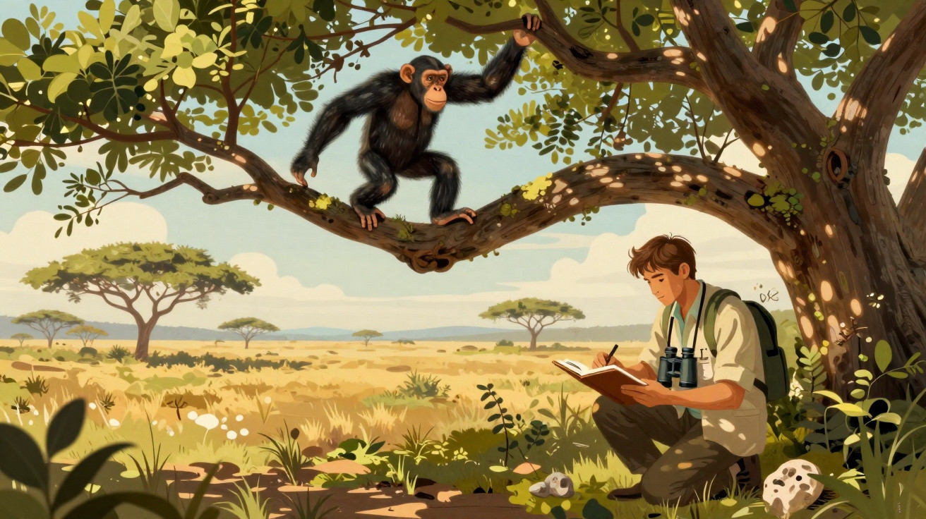Ilustração de um jovem cientista anotando observações sob uma árvore enquanto um chimpanzé observa acima.