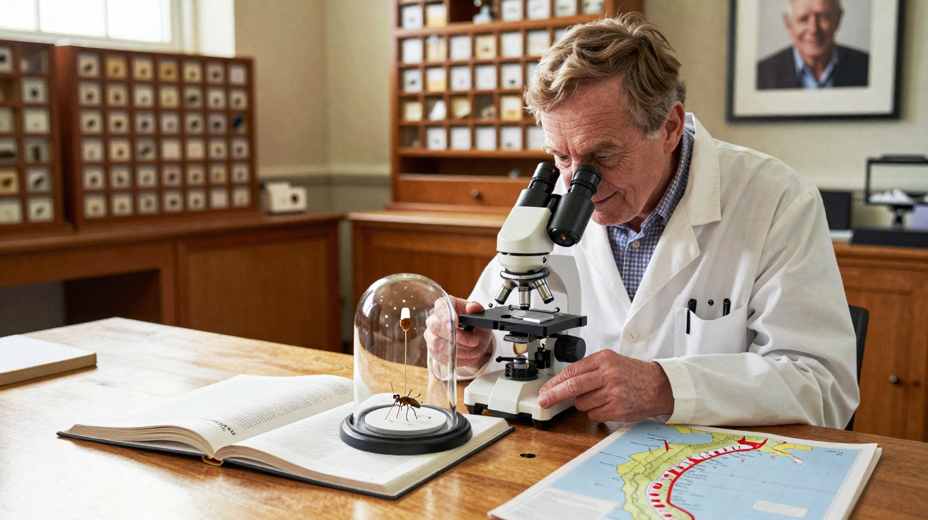 Homem de jaleco branco usa microscópio em mesa com livro aberto, mapa e uma aranha sob cloche de vidro.