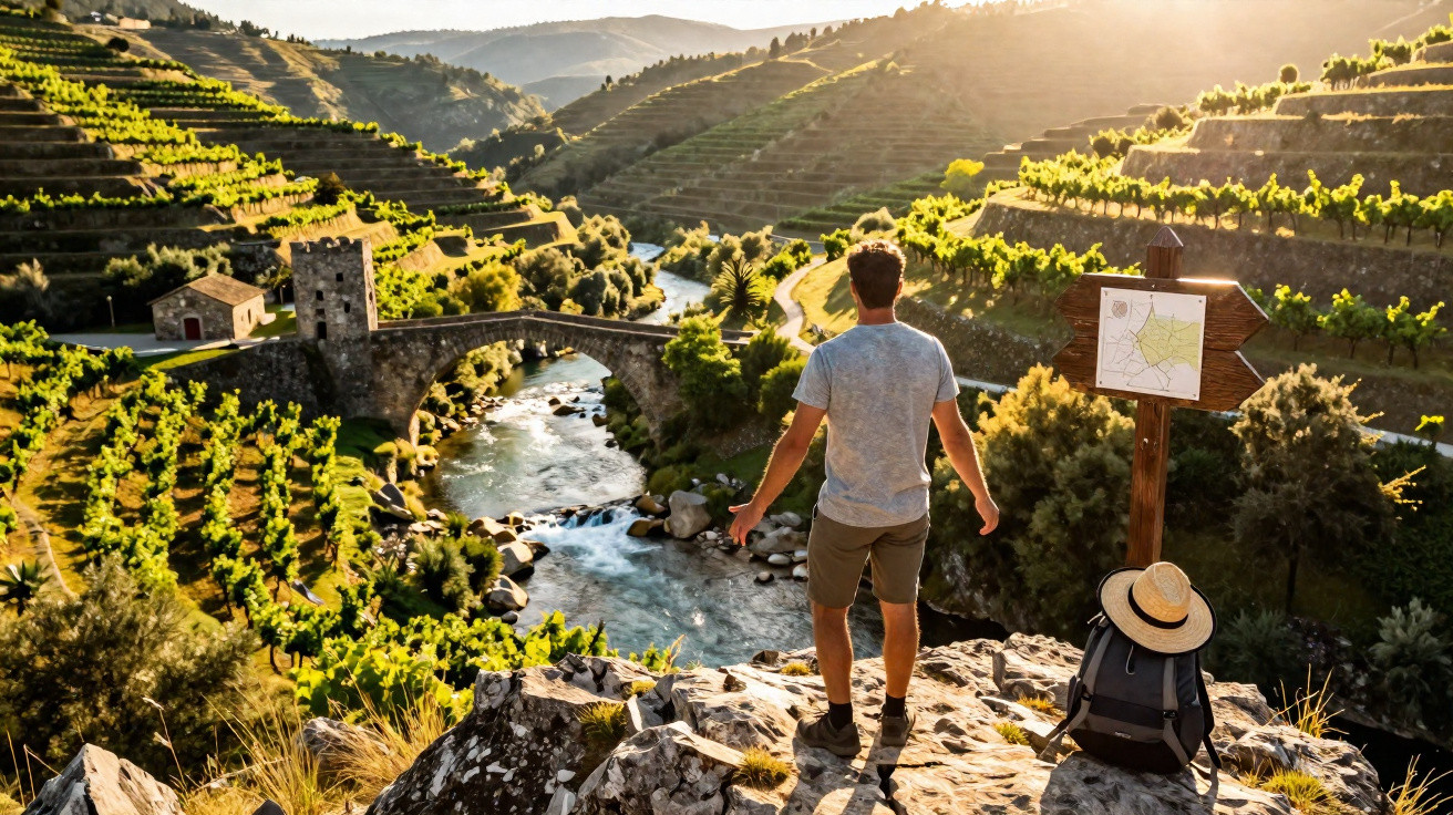 Homem de costas observa vinhedos e rio com pedra e ponte antiga ao pôr do sol em paisagem rural.