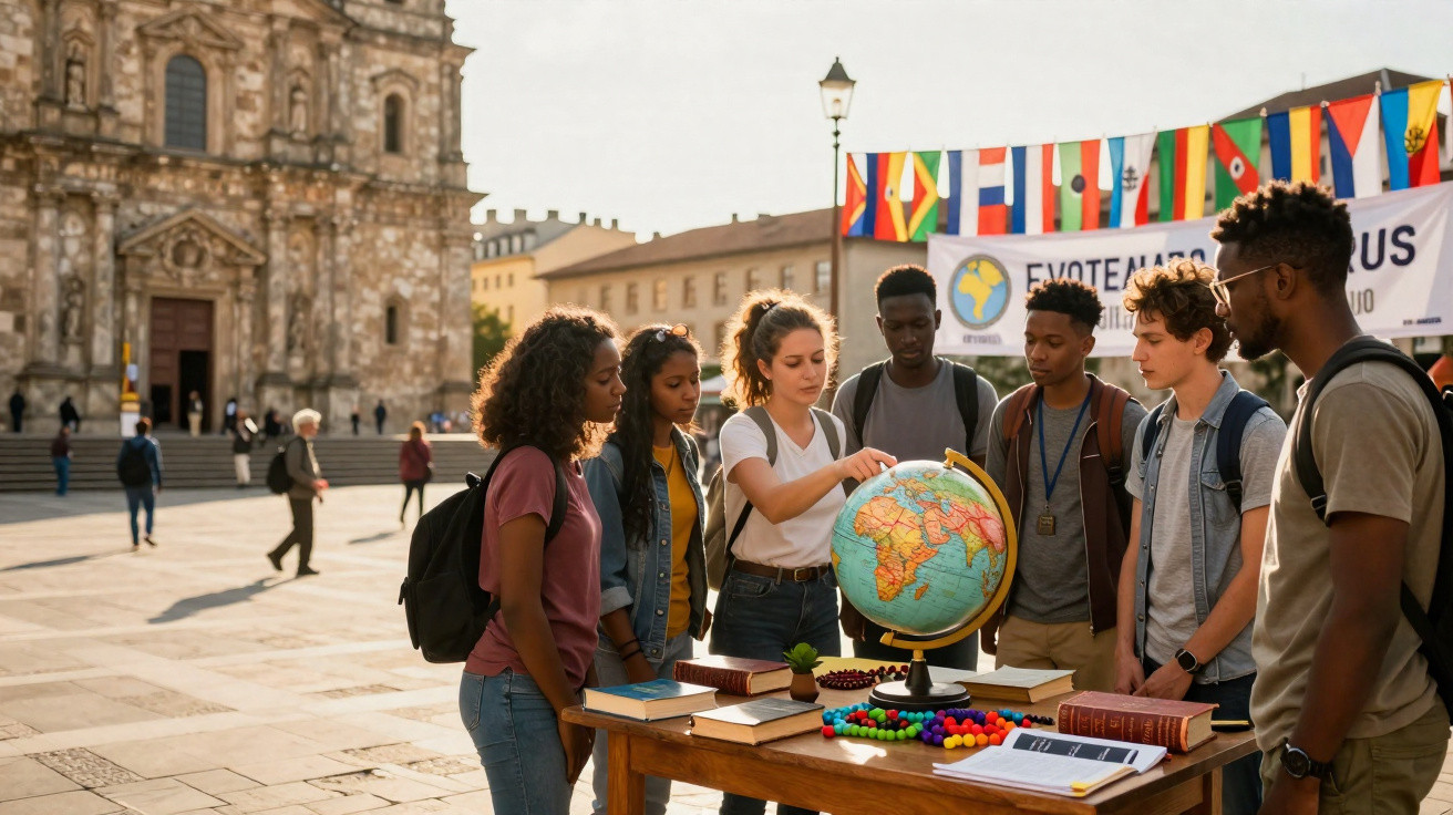 Grupo multicultural de jovens observando globo terrestre em praça histórica com livros em mesa.
