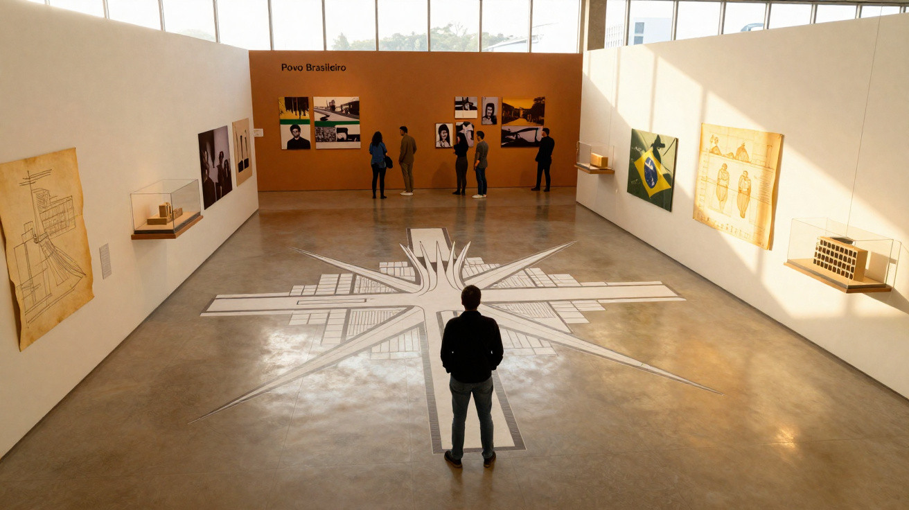 Pessoa em museu observando maquetes e quadros, com obra no chão representando arquitetura moderna.