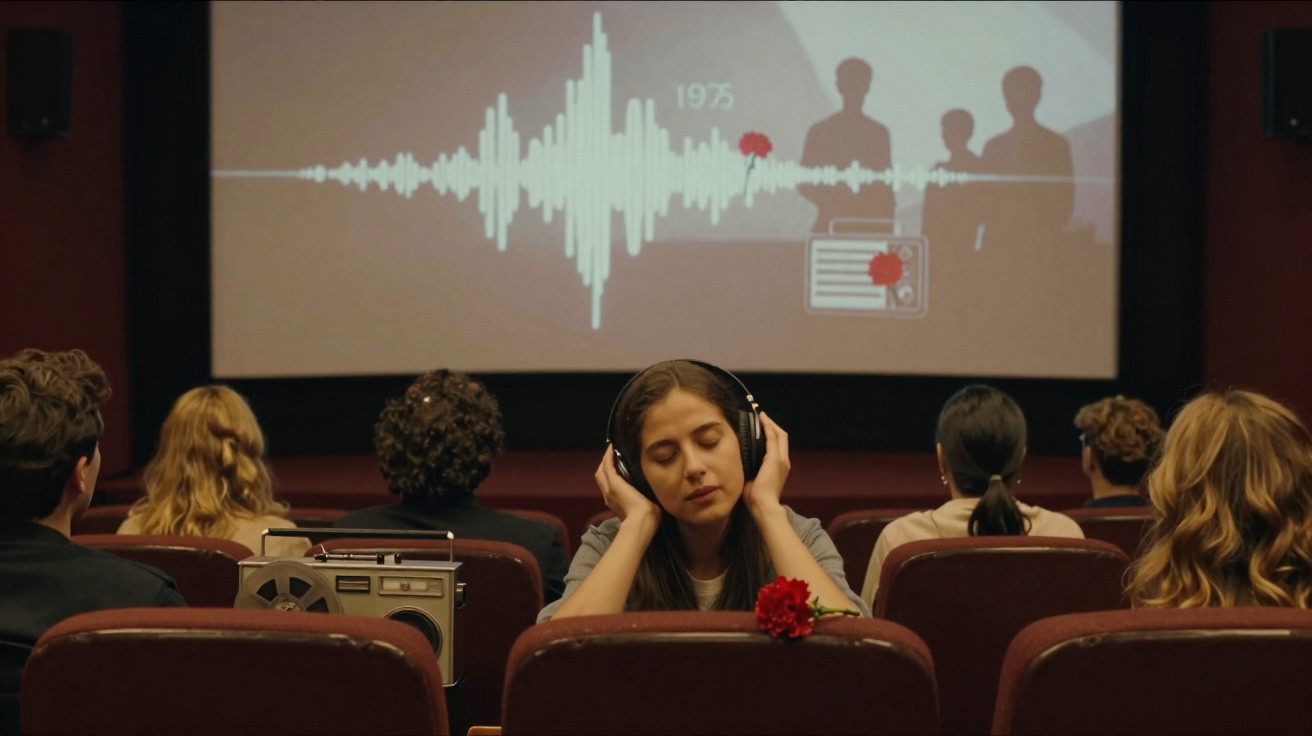 Jovem com fones de ouvido em cinema, ao fundo projeção com ondas sonoras e flores vermelhas.