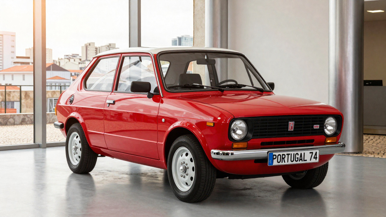 Carro vermelho clássico Fiat 127 de 1974 com placa personalizada Portugal 74 em um showroom moderno.