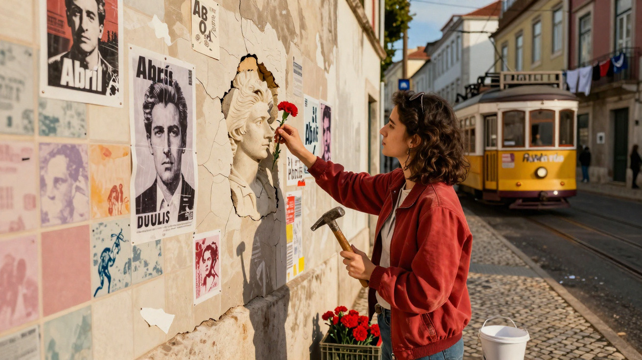 Mulher colocando flor vermelha em escultura de rosto na parede, com bonde amarelo ao fundo em rua de pedra.