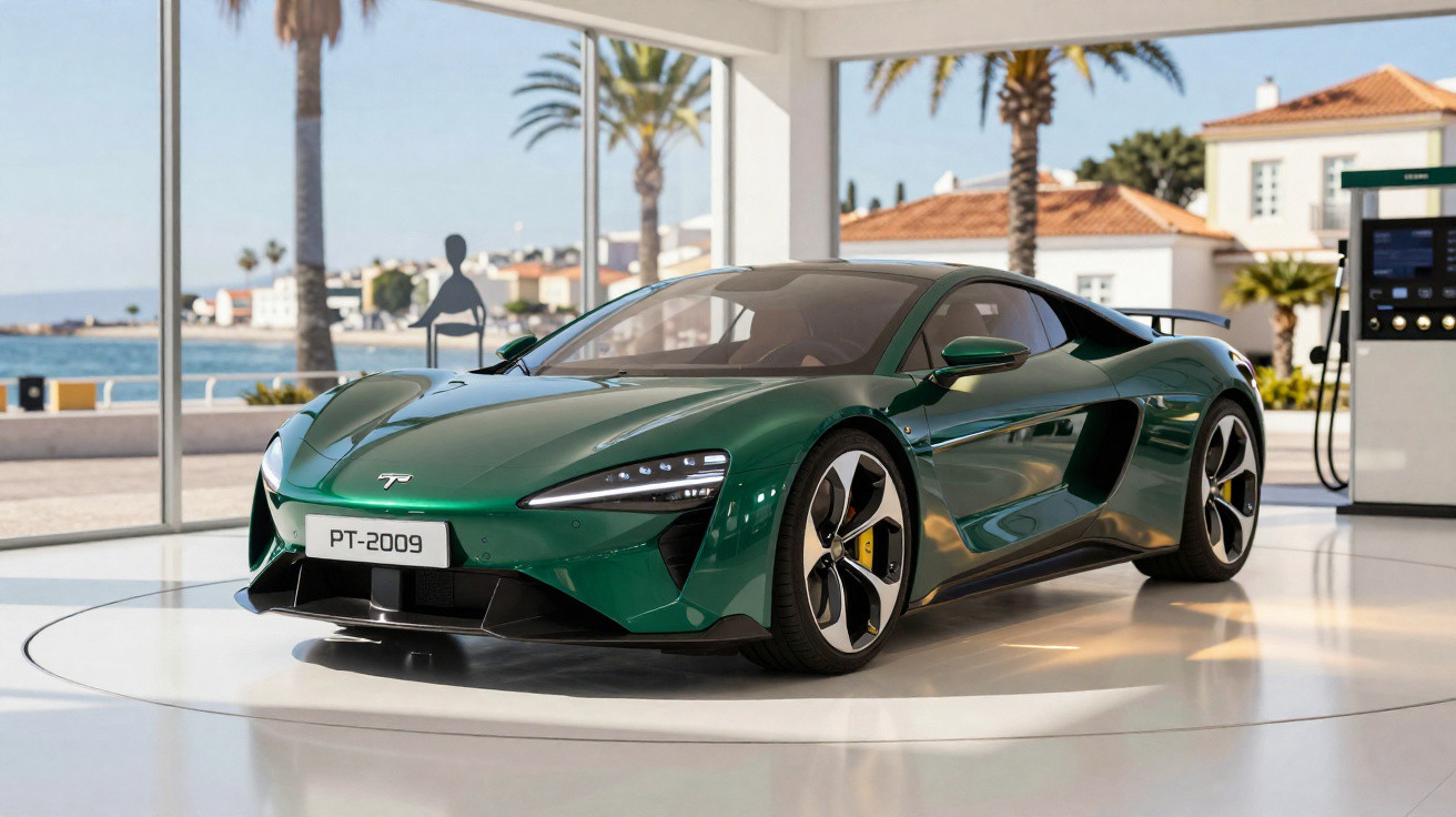 Carro esportivo verde em showroom moderno com vista para palmeiras e mar ao fundo.