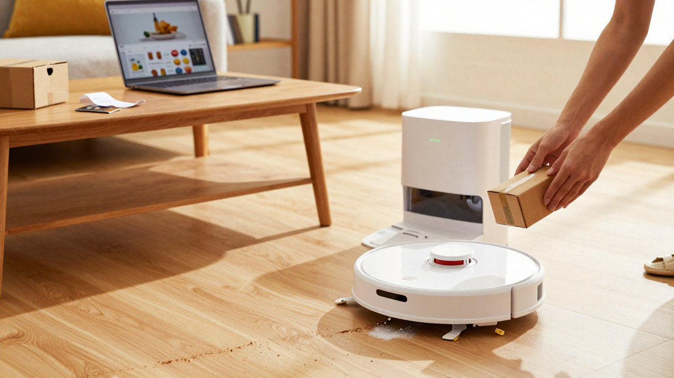 Robô aspirador branco limpando sujeira no chão de madeira em sala com mesa e notebook.