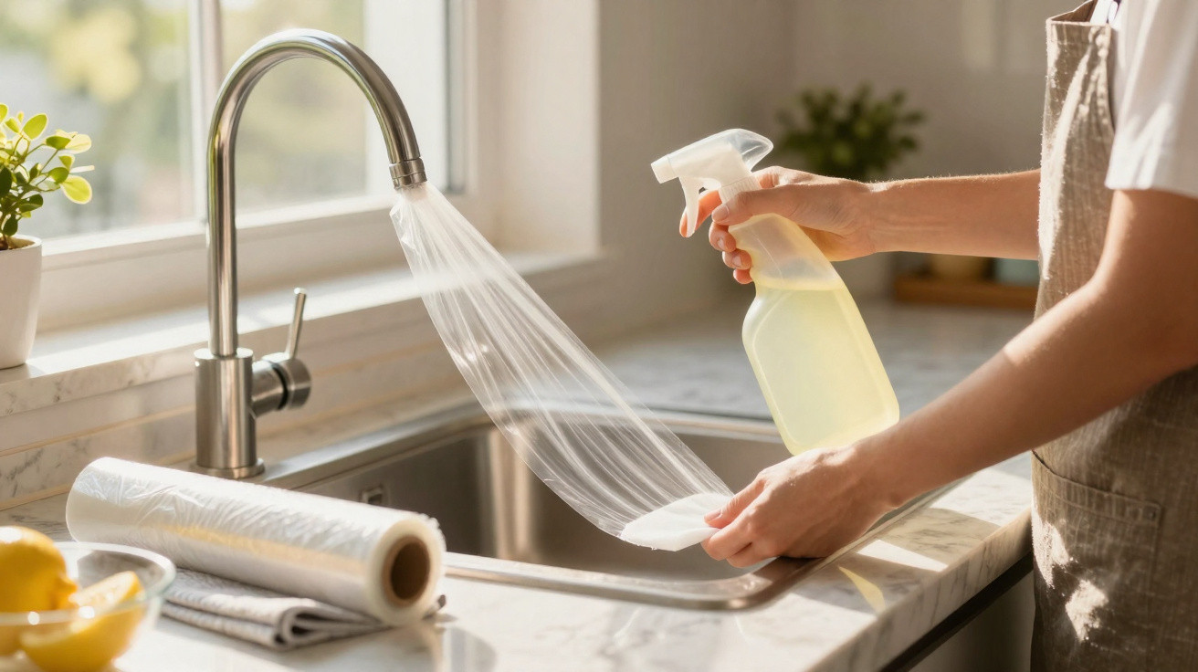 Pessoa limpando a pia da cozinha com spray de limpeza e pano, com torneira aberta e luz natural.