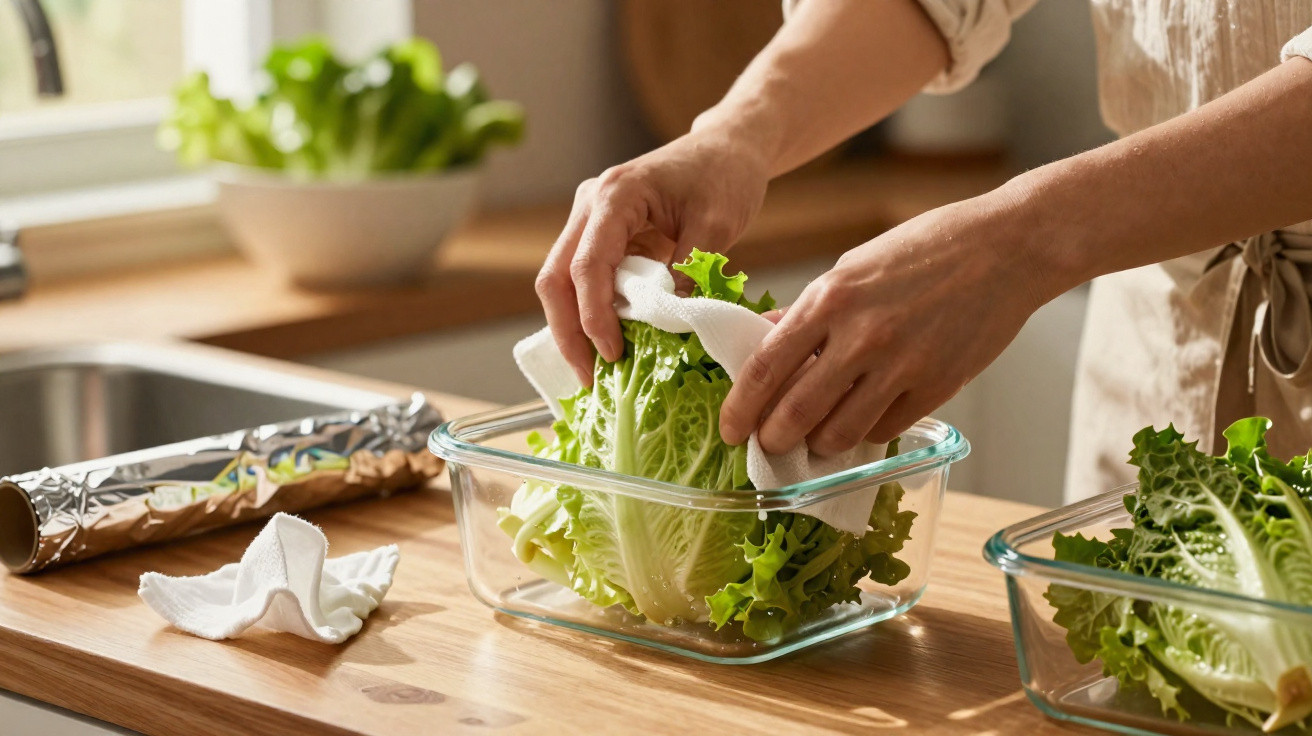 Pessoa secando folhas de alface em recipiente de vidro na cozinha.