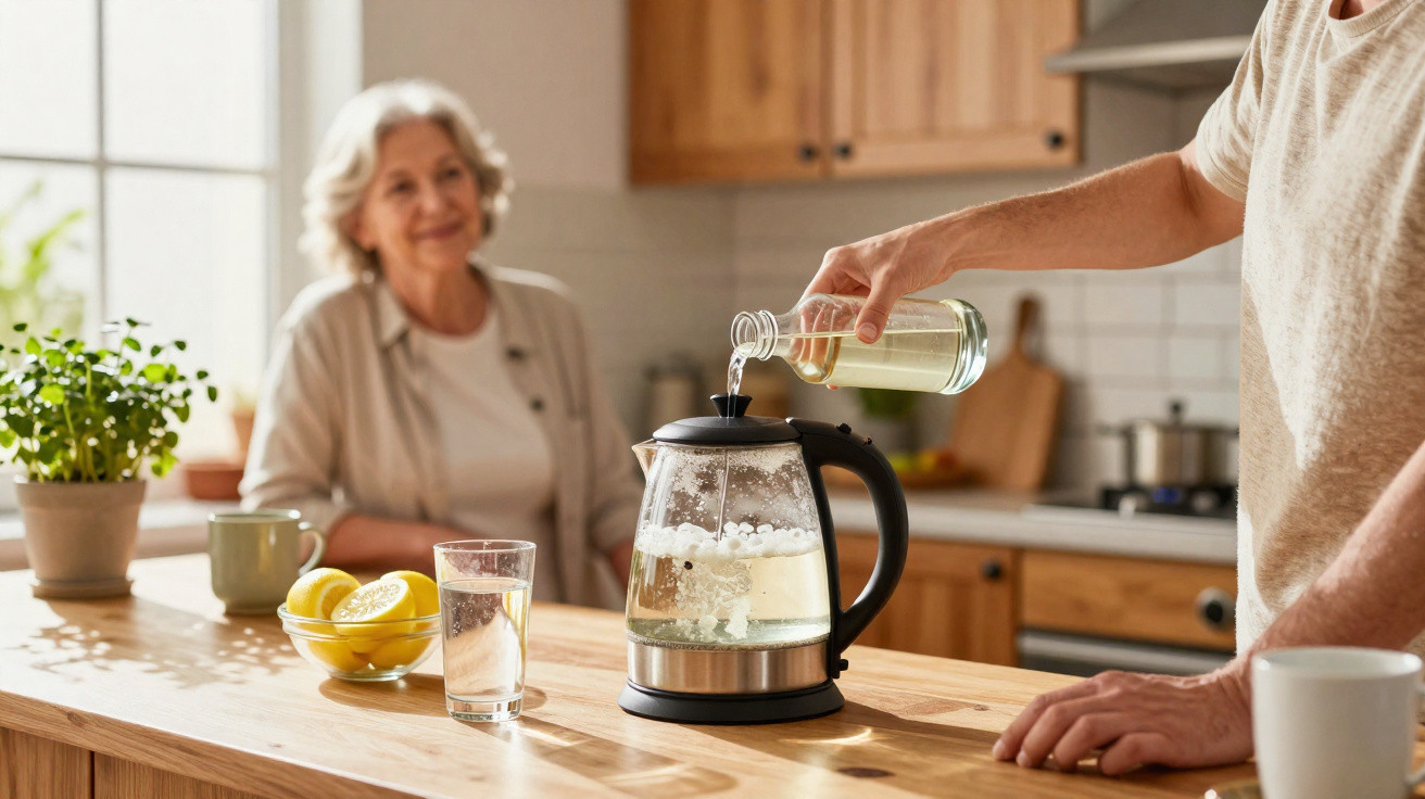 Homem despejando líquido em chaleira elétrica na cozinha, mulher sorrindo ao fundo.