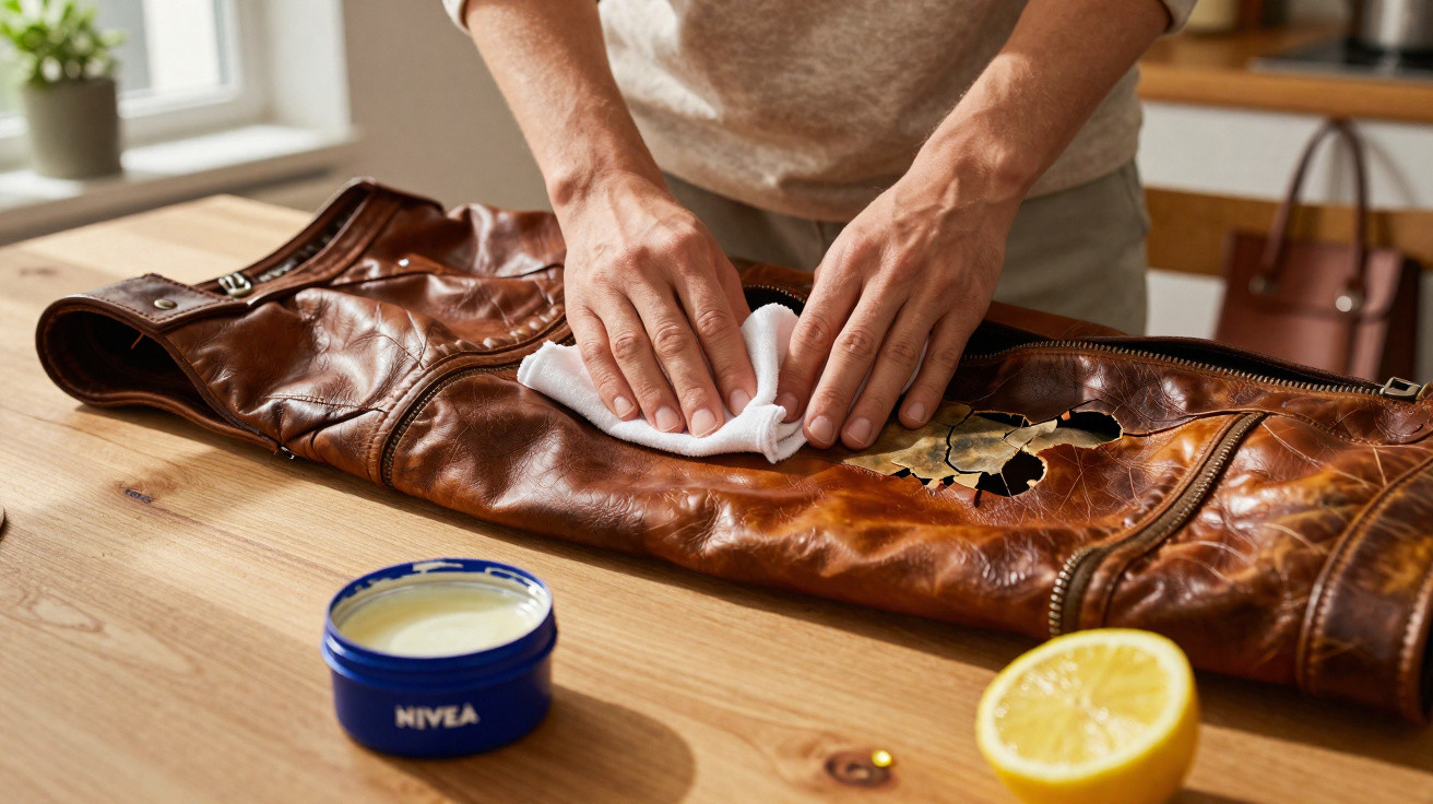 Pessoa limpando jaqueta de couro marrom danificada com pano branco, creme Nivea e meio limão em mesa de madeira.