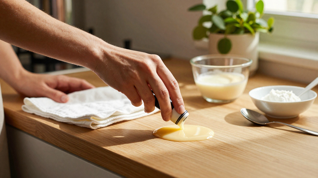 Mão derramando leite condensado no balcão de madeira com utensílios de cozinha ao fundo.