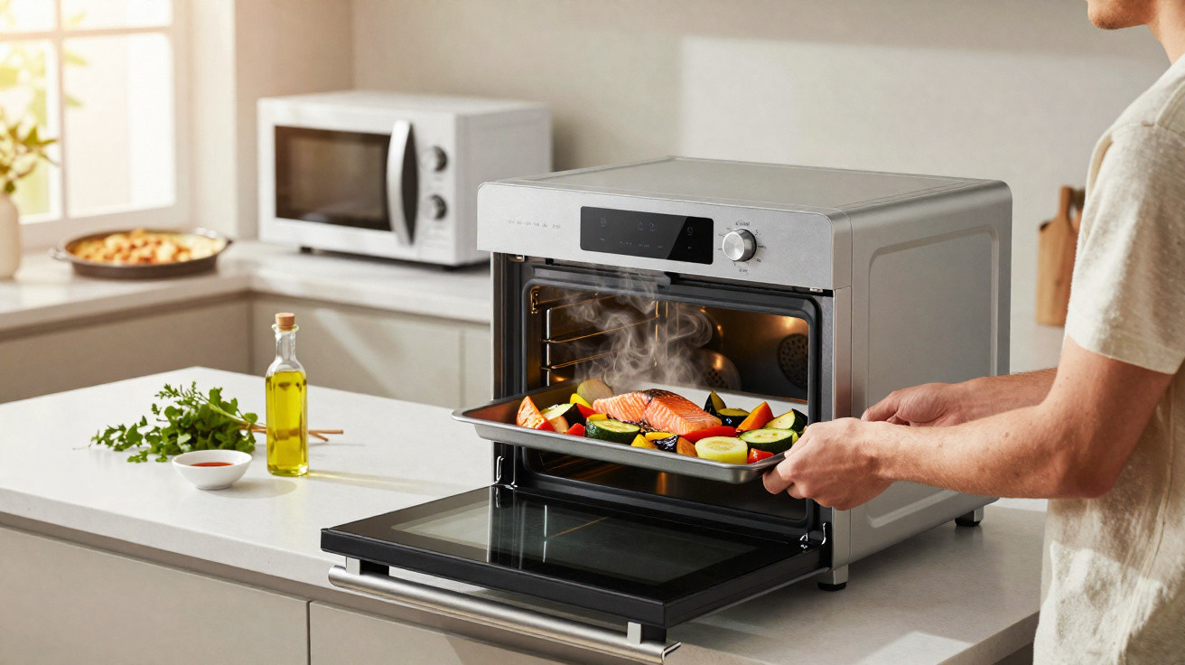 Pessoa retirando assadeira com salmão e legumes de forno elétrico na cozinha moderna.