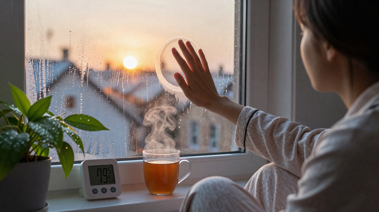 Pessoa desenhando um círculo na janela embaçada enquanto o sol nasce ao fundo, com chá quente e planta à janela.