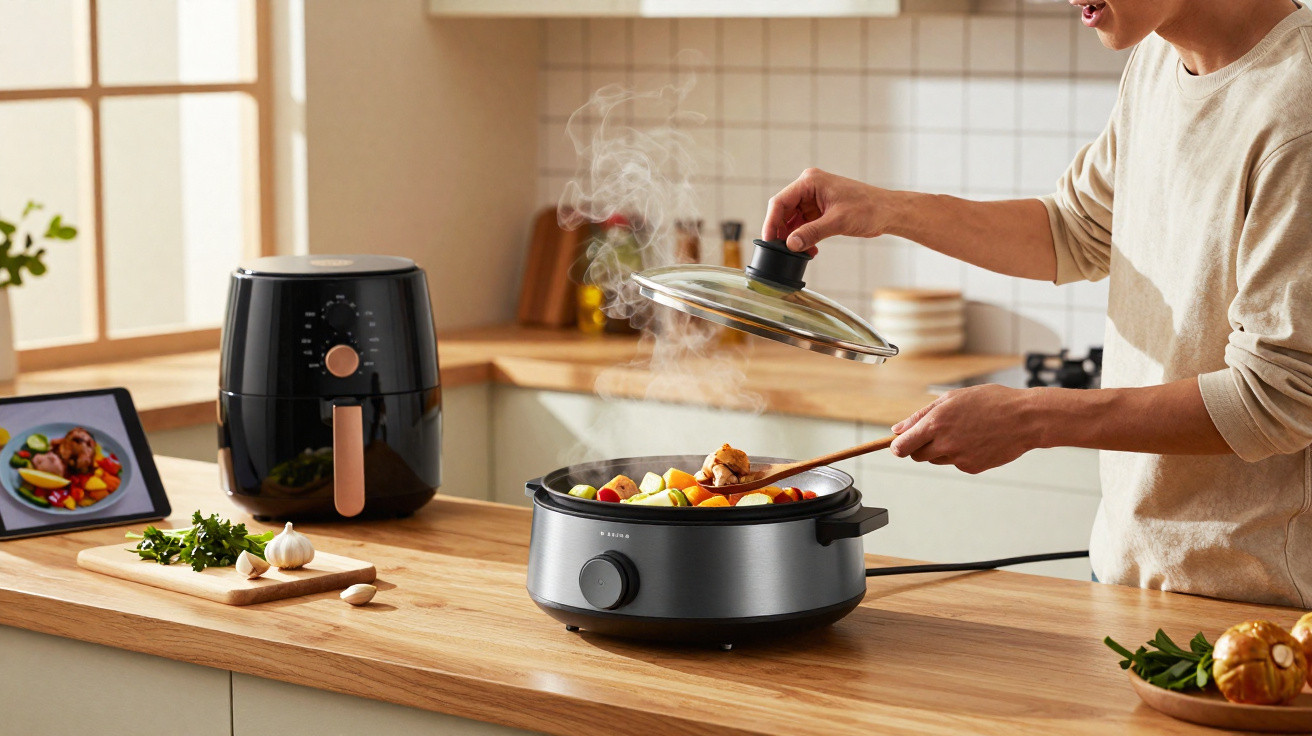 Pessoa cozinhando legumes em panela elétrica enquanto tampo solta vapor em cozinha moderna.