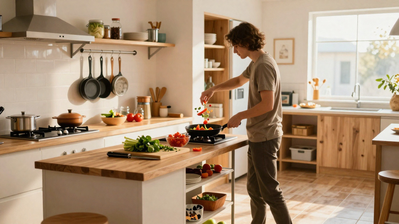 Pessoa preparando legumes em frigideira na cozinha moderna e iluminada durante o dia.