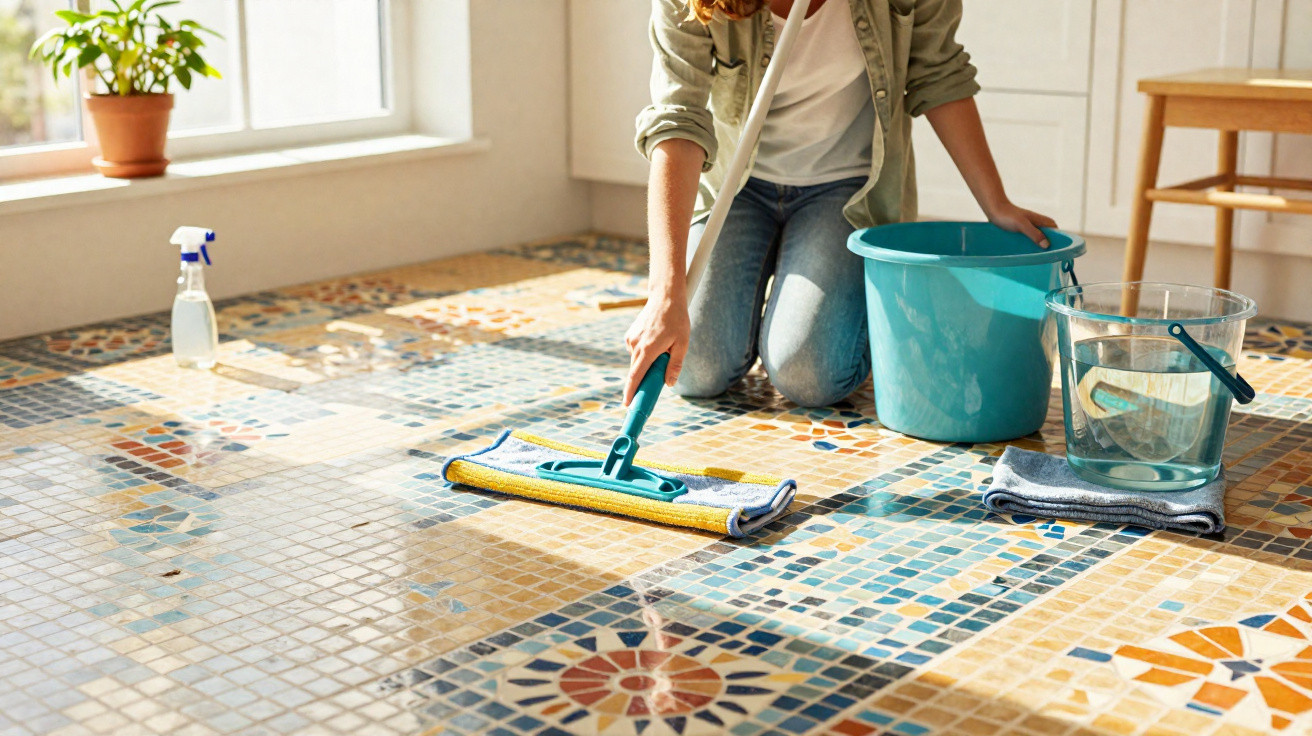 Pessoa limpando piso de azulejos coloridos com esfregão úmido, balde e pulverizador ao lado.