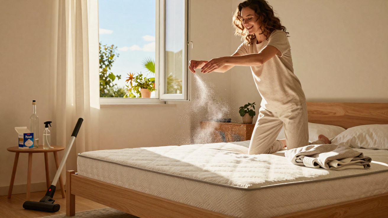 Mulher sorridente limpando e polvilhando o colchão de cama em quarto iluminado pelo sol.
