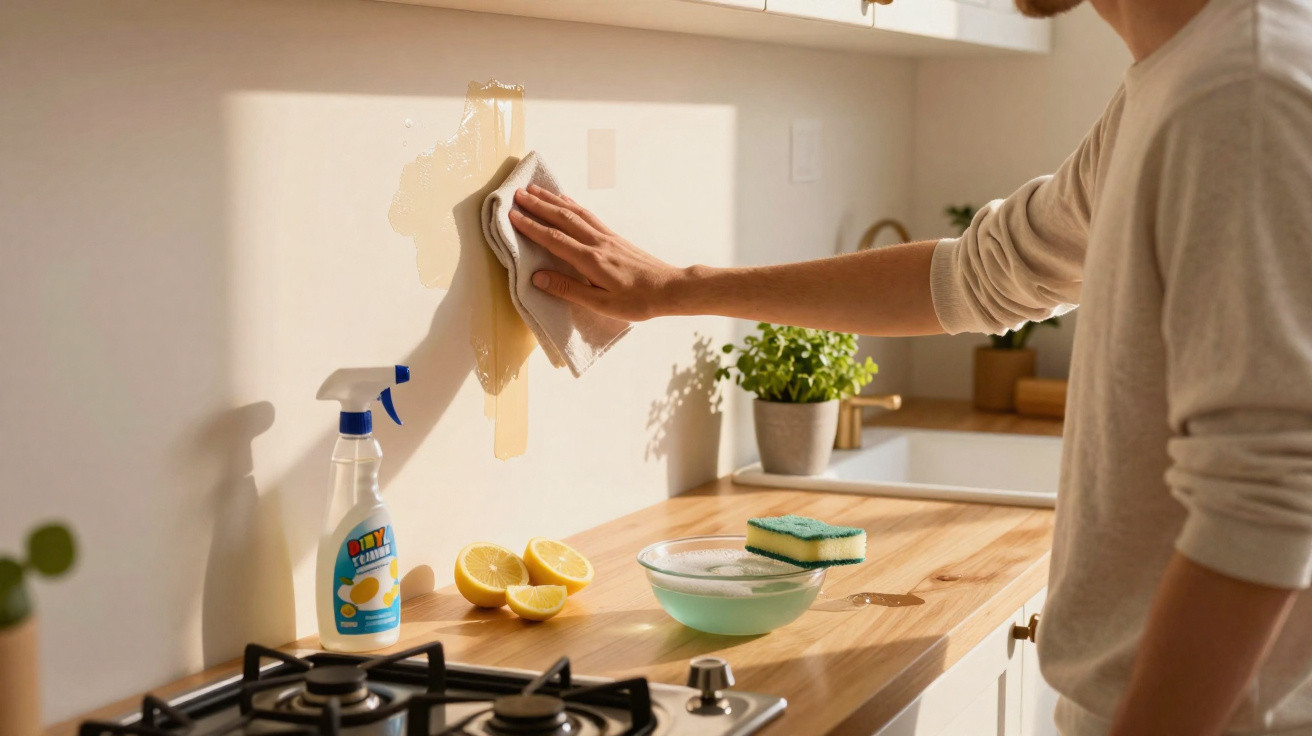 Pessoa limpando azulejo da cozinha com pano e produto de limpeza caseiro ao lado de limões cortados.