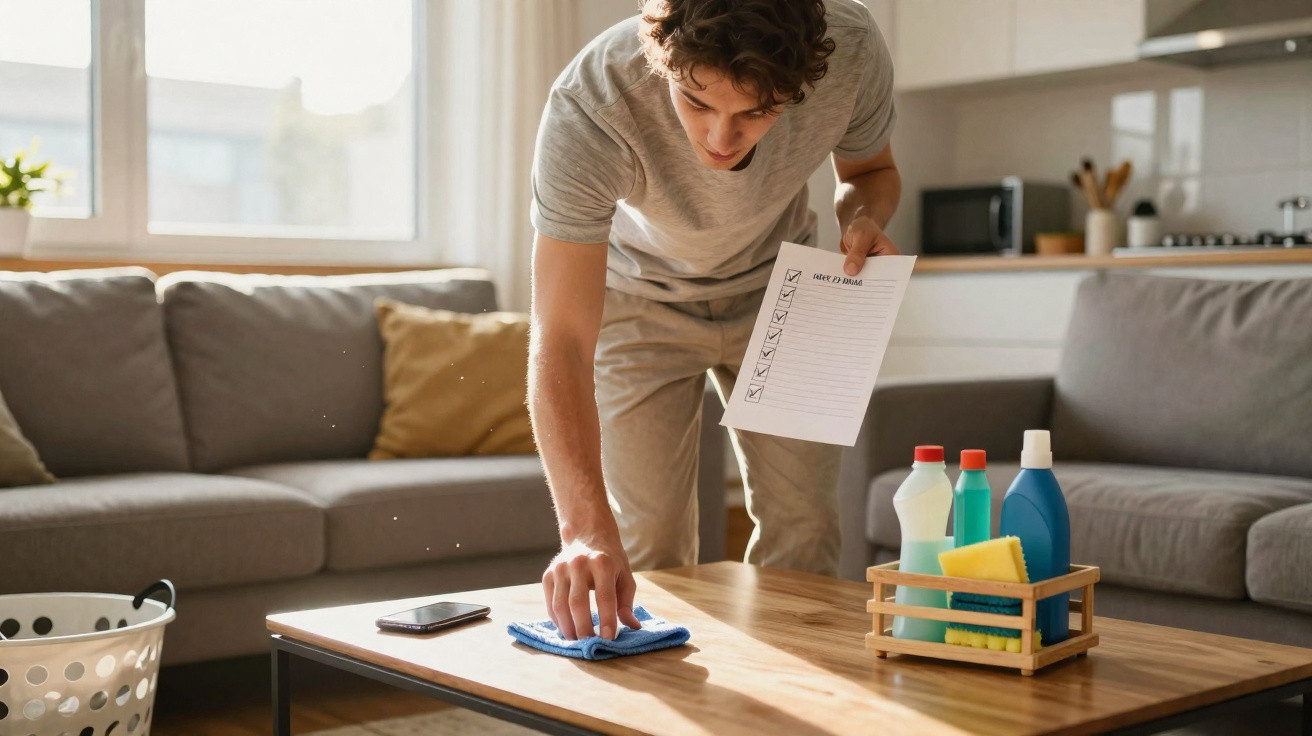 Homem limpando mesa de centro com pano, segurando checklist, em sala de estar iluminada e organizada.