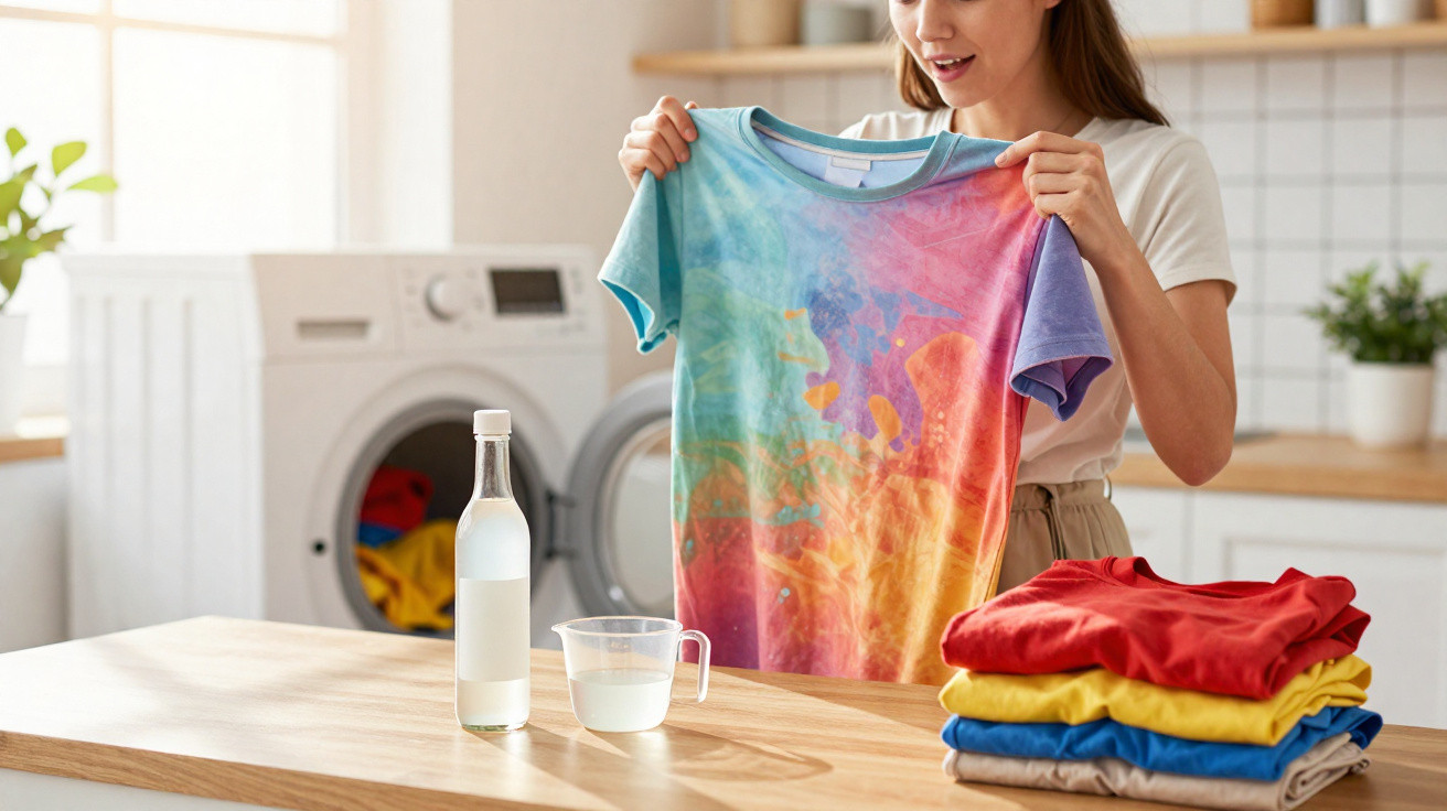 Mulher segurando camiseta colorida molhada, com garrafa e copo medidor em cozinha com máquina de lavar ao fundo.