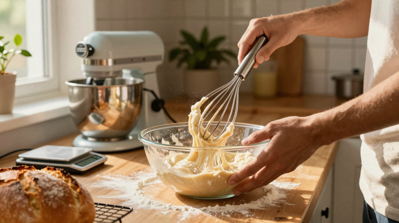 Pessoa mexendo massa de pão com batedor em tigela de vidro na cozinha ensolarada.
