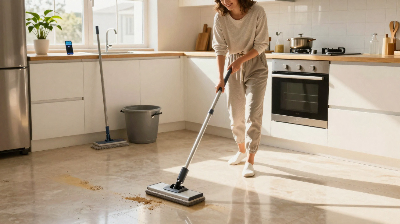 Mulher limpando o chão da cozinha com uma esfregona, removendo sujeira de barro do piso brilhante.