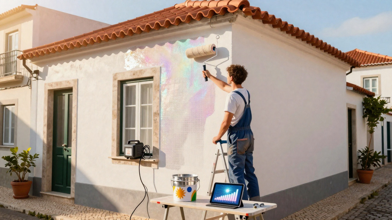 Homem pintando parede branca de casa pequena com tinta que reflete arco-íris em dia ensolarado