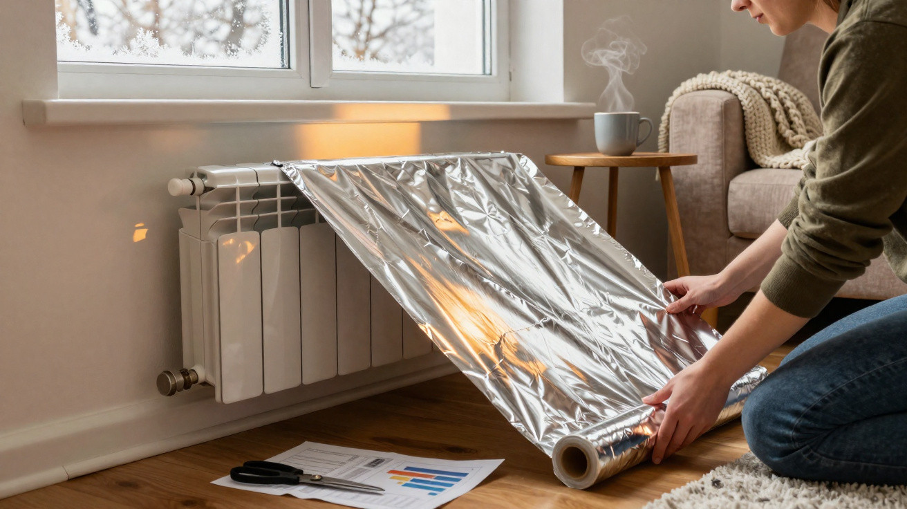 Pessoa colocando papel alumínio atrás de um radiador para refletir o calor em uma sala aconchegante.