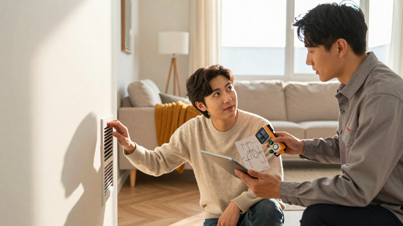 Dois homens verificam um aparelho e medem a ventilação em uma sala iluminada e mobiliada.