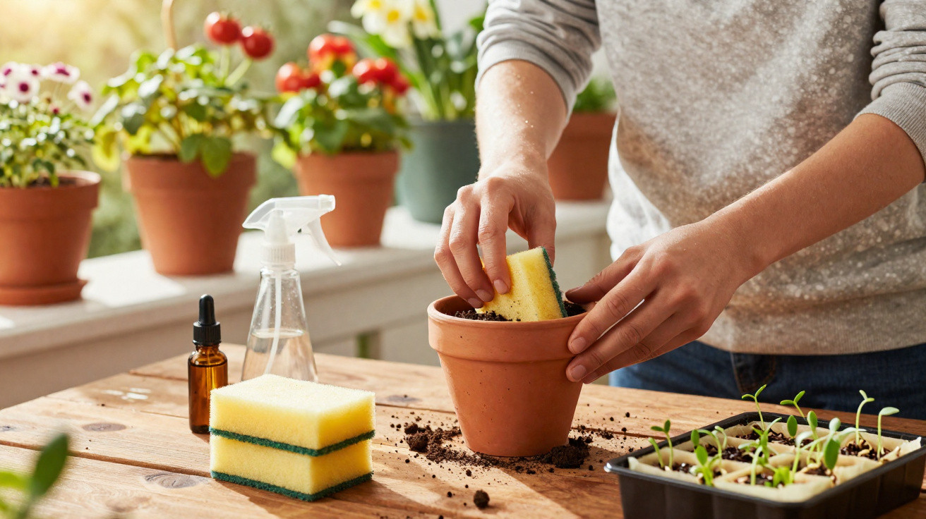 Pessoa preparando vaso de planta com esponja e terra em mesa com mudas e plantas ao fundo.