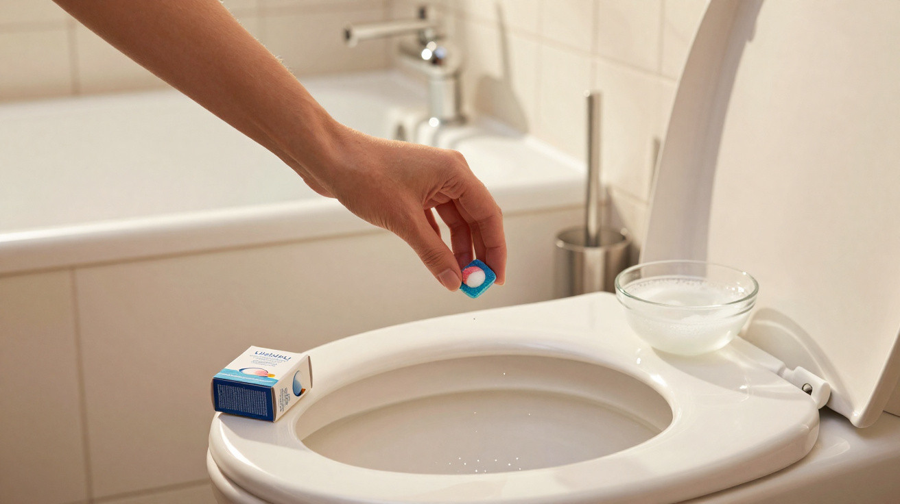 Pessoa colocando pastilha de limpeza em vaso sanitário branco com assento levantado em banheiro.