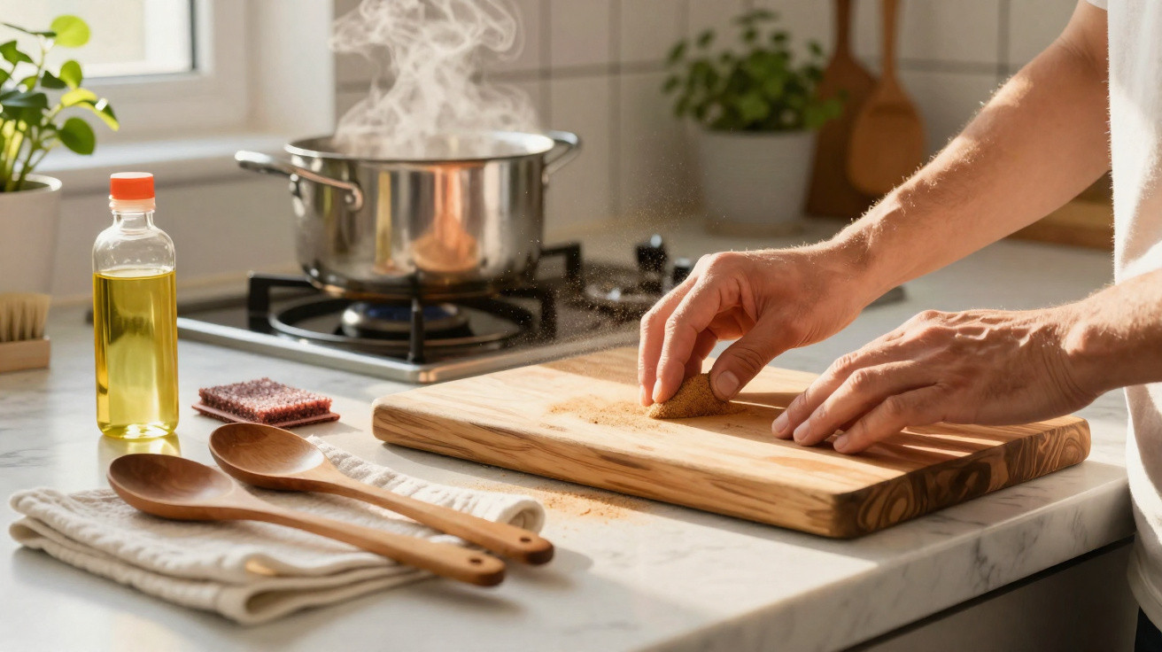 Pessoa moendo tempero em tábua de madeira na cozinha com panela no fogão e utensílios ao redor.