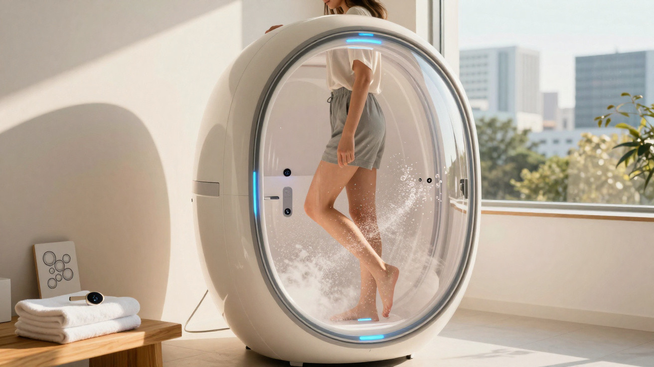 Pessoa caminhando dentro de máquina futurista de esterilização com luz azul em ambiente claro e moderno.