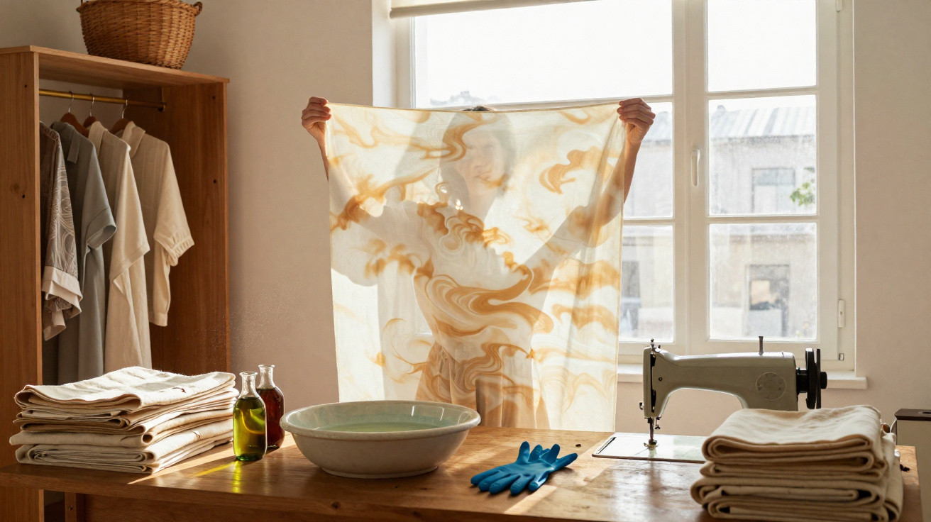 Pessoa segurando tecido transparente com manchas marrons em estúdio com máquina de costura e roupas.