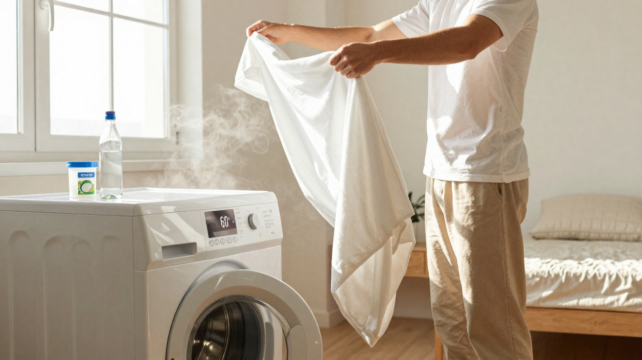 Pessoa retirando roupa quente da secadora em ambiente claro e organizado.