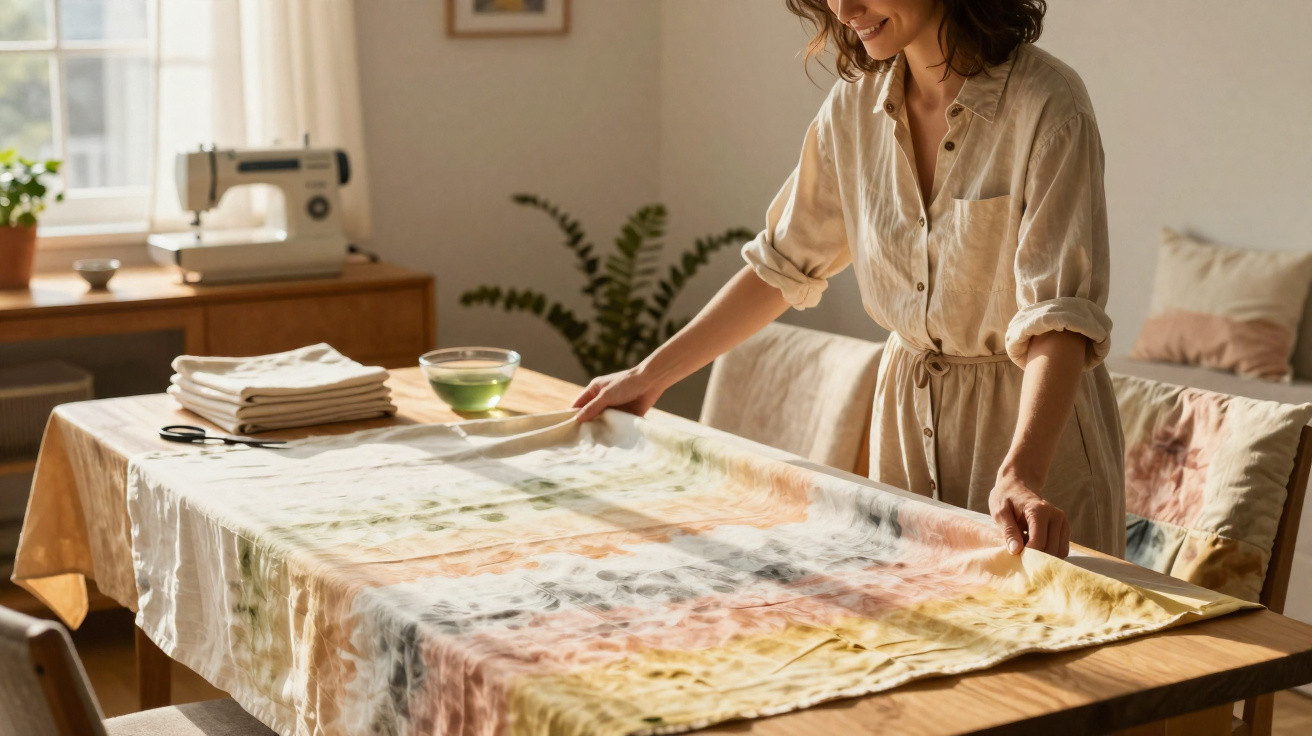 Mulher sorridente organiza tecido colorido em mesa em ambiente iluminado e acolhedor.