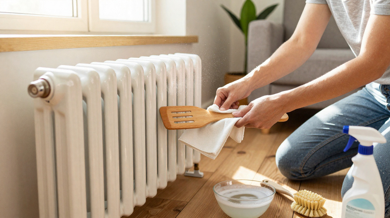 Pessoa limpando um aquecedor branco com pano e utensílio de madeira em ambiente doméstico.