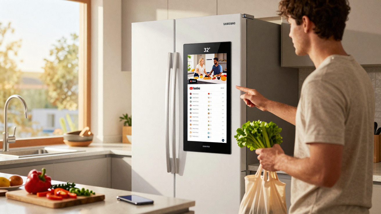 Homem interage com a tela digital da geladeira Samsung em cozinha moderna, segurando verduras e sacola.