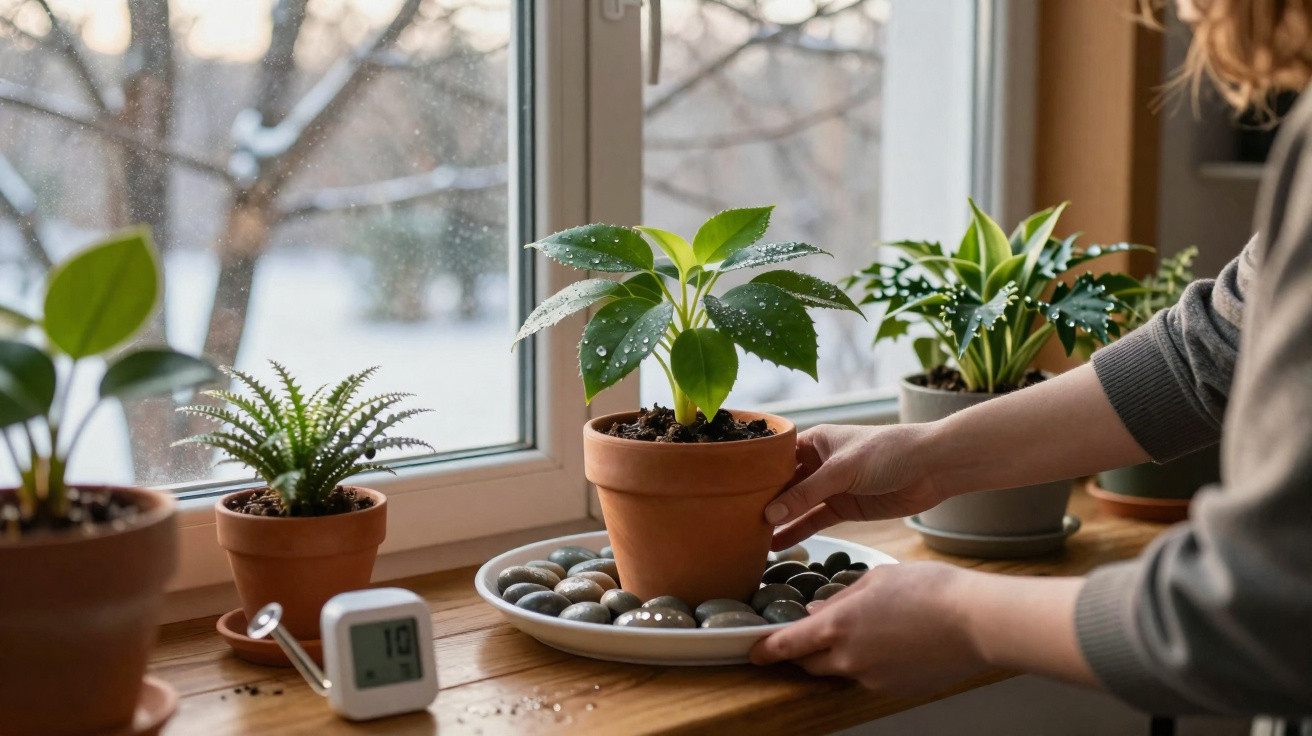 Mãos colocando vaso com planta em janela com outras plantas e termômetro marcando 19°C.